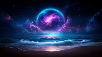 Wall Mural - cosmic ocean view under a vibrant galaxy