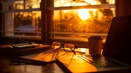 Poster - Silhouette of morning work essentials on a clean desk.