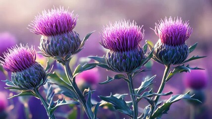 Wall Mural - Four purple thistle flowers are blooming in a field