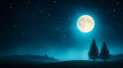 Wall Mural - serene night landscape with full moon and silhouette trees