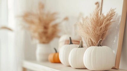 Poster - Photo frame with white pumpkins Mockup featuring ample space for artwork Seasonal autumn decor in interior setting