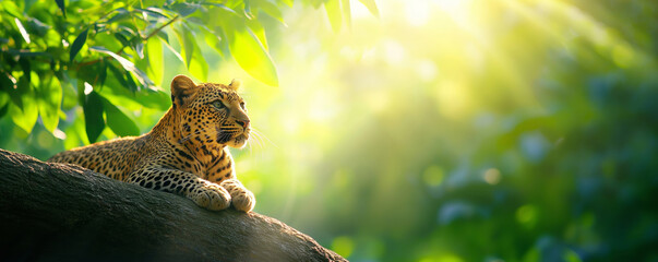majestic leopard lounging on tree branch under sunlight in vibrant jungle, wildlife photography esse