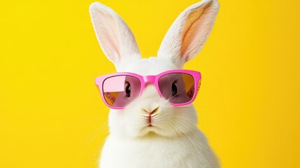 Playful Easter themed greeting card featuring a stylish bunny wearing pink sunglasses set against a vibrant yellow backdrop