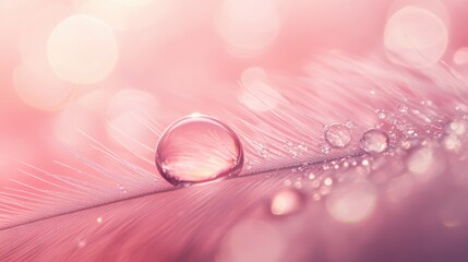 Poster - Delicate macro image featuring a soft natural background in pink hues with a water droplet on a feather highlighting the elegance and beauty of nature