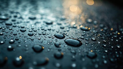 Poster - Close up of water droplets on a shiny surface highlighting light reflections and creating a tranquil atmosphere