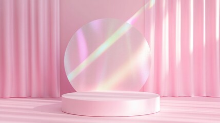 Poster - Minimalist setting featuring an empty stage cylindrical podium and circular shape against a pink backdrop with sparkling rainbow crystal light refractions ideal for cosmetic or product mockup prese