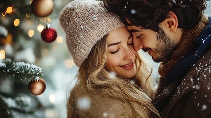 Young couple in love embracing under a beautifully decorated Christmas tree, surrounded by twinkling lights and festive ornaments, creating a warm and romantic atmosphere.