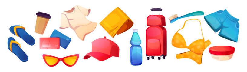 Beach vacation voyage stuff cartoon set - red rolling luggage, blue flip-flops, stylish sunglasses, swimsuit and summer clothes. Summer essentials include cap, water bottle and coffee paper cup.