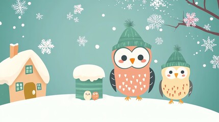 Winter scene with owls, green feathers and hats, mini snow home and pink snowflakes gently falling, flat design illustration