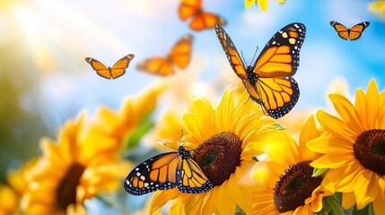 Poster - Bright, sunny image of monarch butterflies resting on yellow sunflowers in full bloom.