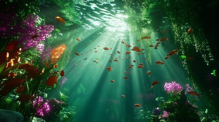 Poster - An underwater shot showing a large school of fish swimming in harmony with the sunlight filtering through