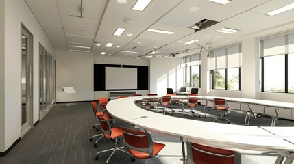 Poster - A collaborative office design with open spaces and integrated audiovisual systems for presentations