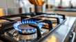 © DigitalDruid - Close up of a modern kitchen stove burning with blue flames showcasing a natural gas burner in a home cooking environment
