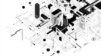 Aufkleber - A wireframe rendering of a cityscape with minimalist black and white lines and geometric shapes