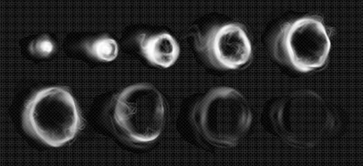 Wall Mural - sequence of white smoke rings from small point into expanding circular formations. realistic 3d vect