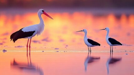 Asian openbill stork and two black winged stilt birds in a lagoon with shallow waters reflecting sunset light on the water s surface