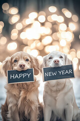 two adorable dogs with happy new year signs indoors