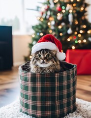 adorable cat in santa hat on christmas gift indoors