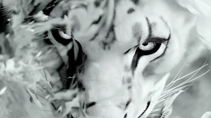 Poster - A powerful, close-up black and white portrait of a lion with intense eyes and detailed fur texture