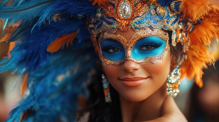 Woman in a feather headdress and mask featuring blue and orange makeup during a carnival celebration