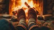 © Cyber Shutter - Chilly autumn or winter night Individuals relaxing by a warm fire Close up image of feet in cozy wool socks Inviting atmosphere