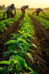 Cultivating green the hard work and dedication of farmers nurturing young plants in the warm glow of sunset showcasing the beauty of agriculture