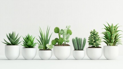 Poster - Houseplants featuring Elf Aloe and cacti in minimalist white ceramic pots showcasing a fresh indoor plant mockup against a clean white background