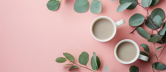 Mockup Two White Coffe Cup Or Mug On A Pink Background With Copy Space Blank Template For Your Design Branding Business Real Photo Eucalyptus Branches Flat Lay