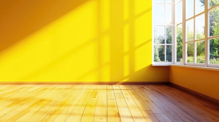 Poster - Bright yellow empty space featuring a wooden floor a window and a wall ideal for use as a blank backdrop or wallpaper