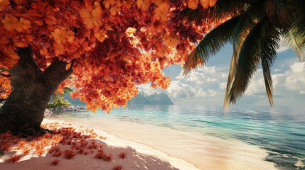 Vibrant Coral Canopy Shelter on a Tropical Beach with a Palm Tree