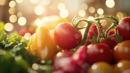 Aufkleber - Close up of fresh tomatoes peppers and radishes featuring a bokeh light effect A vibrant and healthy array of vegetables is showcased