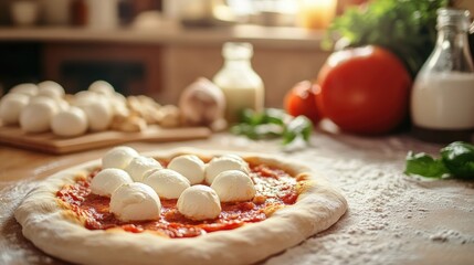 Aufkleber - Close up of a whole pizza with fresh mozzarella cheese blurred ingredients on the dough in the background creating a delightful Italian cuisine atmosphere Copy space available