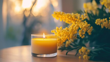 Poster - Close up of a decorative aroma candle placed on a table alongside mimosa creating an inviting and serene atmosphere