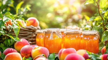 Fresh peach jam in jars surrounded by ripe peaches in a vibrant garden setting