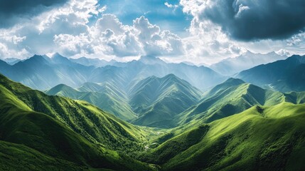 Poster - Breathtaking panoramic scene of vibrant green mountains beneath a striking sky highlighting the grandeur of an untouched natural landscape