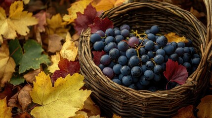 Poster - Freshly harvested organic grapes with vibrant leaves in an autumn setting