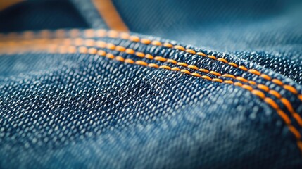 Aufkleber - Close up of faded blue jeans featuring orange stitching