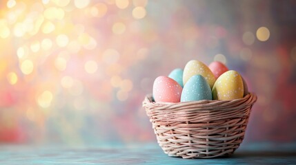 Poster - Vibrant Easter eggs in a woven basket set against a colorful backdrop Soft pastel shades of Easter eggs enhance the holiday theme with ample copy space