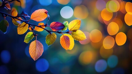 Leinwandbilder - Leaves on branches against a vibrant bokeh backdrop featuring shades of blue green yellow and orange