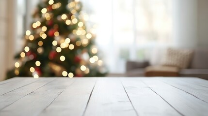 Aufkleber - Blank white table with a blurred Christmas tree in the background featuring ample copy space