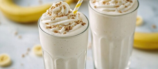 Poster - Banana Milkshake In Glasses With Straw