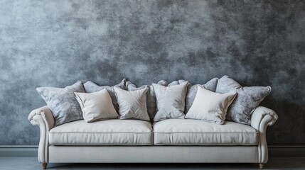Aufkleber - Couch adorned with numerous pillows in an interior space featuring a banner and ample copy space
