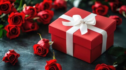 Aufkleber - Gift box adorned with a white ribbon accompanied by a bouquet of red roses