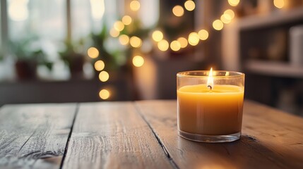 Poster - Lit candle on a wooden table featuring homemade candles and a banner with ample copy space