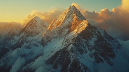 Poster - Majestic mountain landscape at sunrise featuring snow capped peaks and stunning light captured in cinematic 8k photorealistic detail
