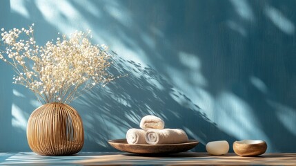 Poster - Tranquil Spa Arrangement Featuring Natural Elements Against a Blue Backdrop