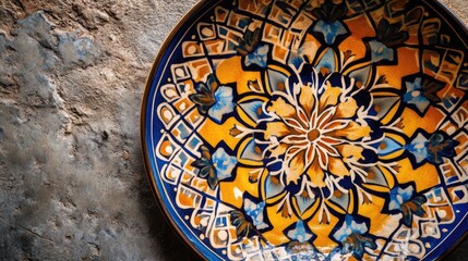 Poster - Hand painted decorative ceramic plate from Morocco crafted by hand featuring intricate designs captured in close up from above