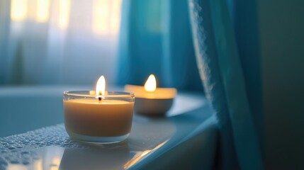 Close Up Candle And Spa Object Soap Style Modern Tub And Curtain Background Home Bath Room Blue And White Object