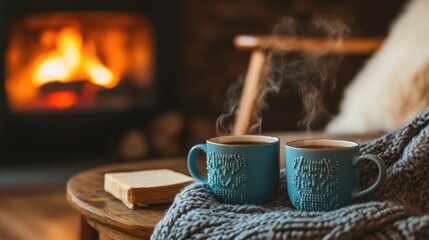 Poster - Two steaming mugs rest on a wooden table near a fireplace accompanied by a cozy woolen blanket draped over a comfy armchair creating an inviting atmosphere for relaxation