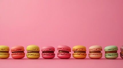 Aufkleber - Vibrant selection of colorful macarons lined up food backdrop ample space for text